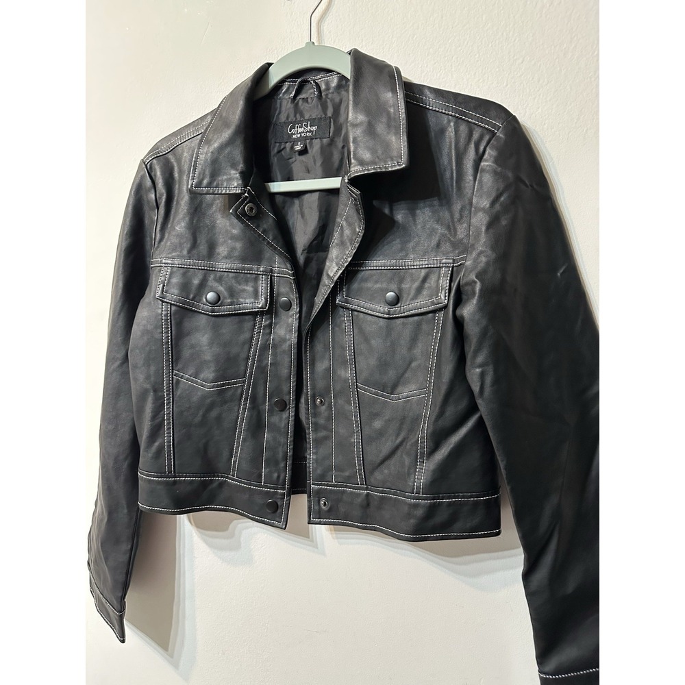 CoffeeShop NewYork Womens S Black Faux Leather Cropped Jacket Contrast Stitch